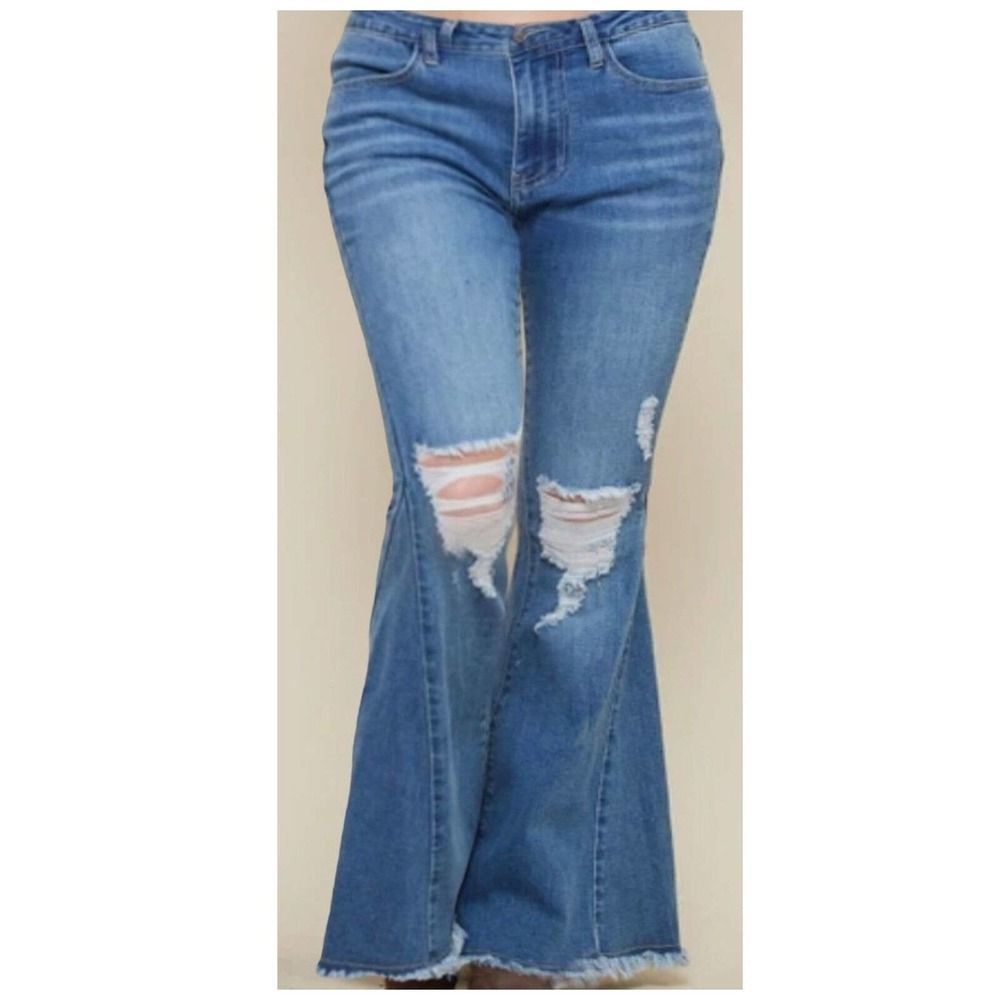 Plus Size Distressed Medium Denim Bell Bottom Jeans- sku: 9181